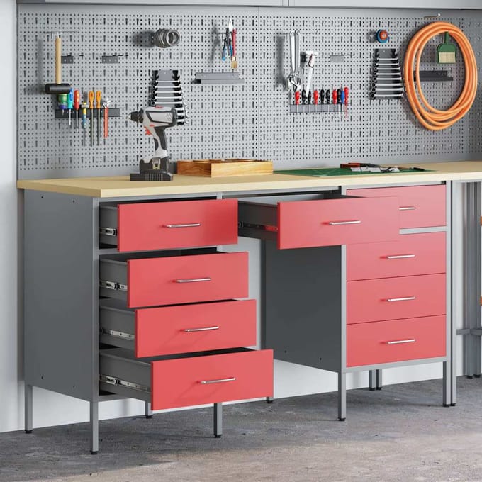vidaXL - Werk - Cabinet - met - lade - 3 - st - Rood - Engineered - hout - en - staal