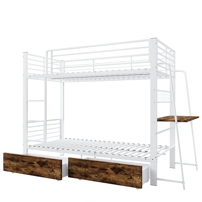 Wit stapelbed 90x200 cm met bureau, LED-verlichting en opberglade, EN747 gecertificeerd, 250 kg draagvermogen per niveau