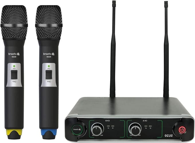 Draadloze Microfoon Set - Dubbele Microfoons - Optredens Presentaties - Twee Kanalen UHF - 1U Rack Mount - Blauw Geel