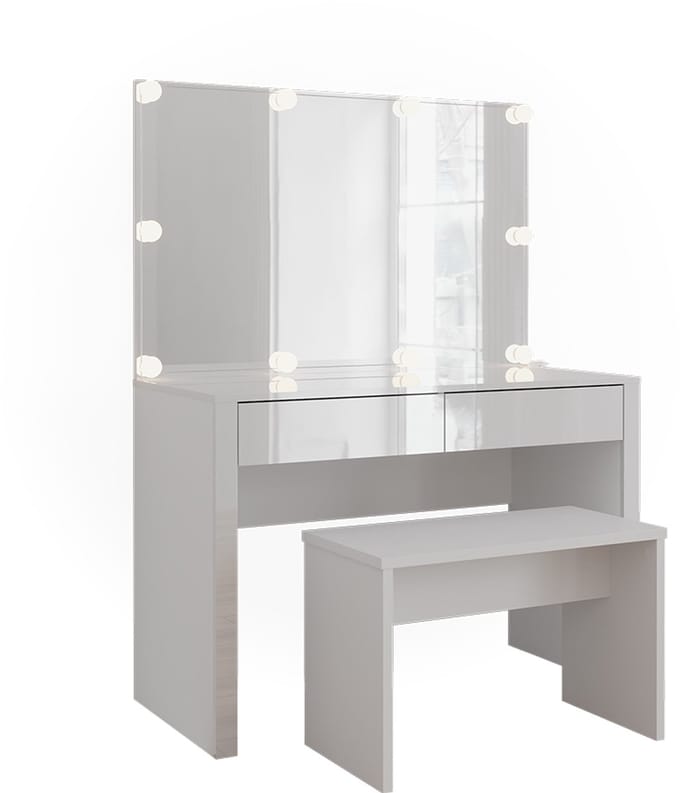 Vicco Kaptafel Annabelle, Wit Hoogglans/Wit, 110 cm met spiegel, LED-lichtslinger en bank