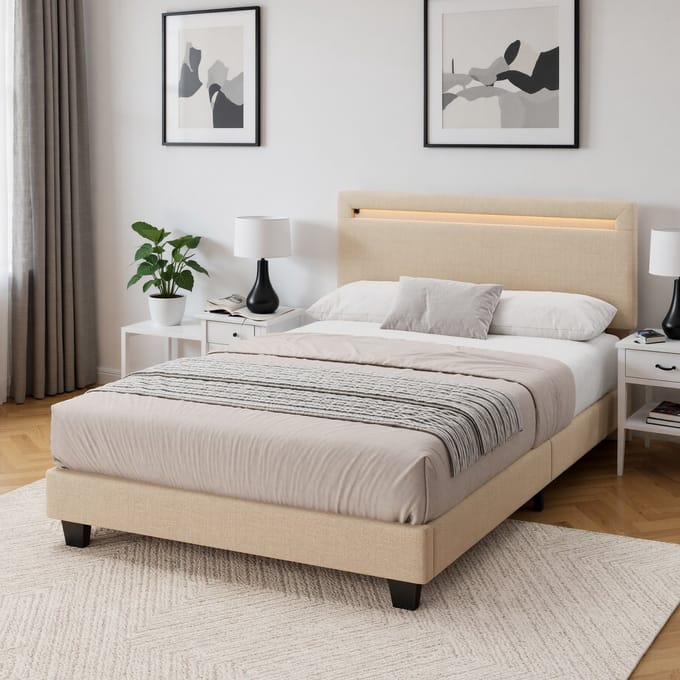 Bealife BF27 Bed - 120 x 200 cm - LED-verlichting - Hoofdbord en lattenbodem - Beige