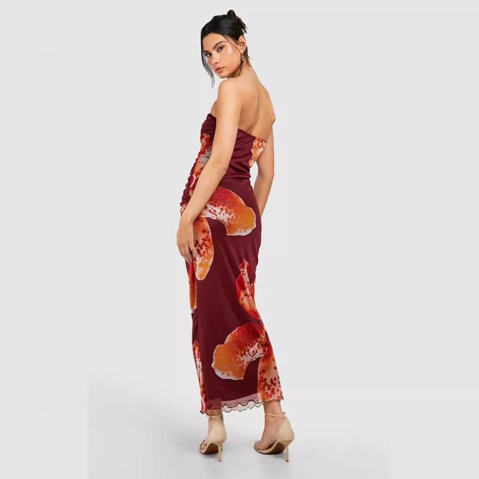 Dames Strak Strapless Sexy Mouwloos Jurk Mesh Geplooid Print L brown