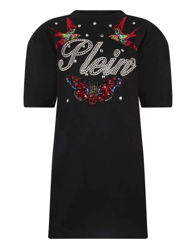 Open Back T-Shirt Dress Tattoo Strass