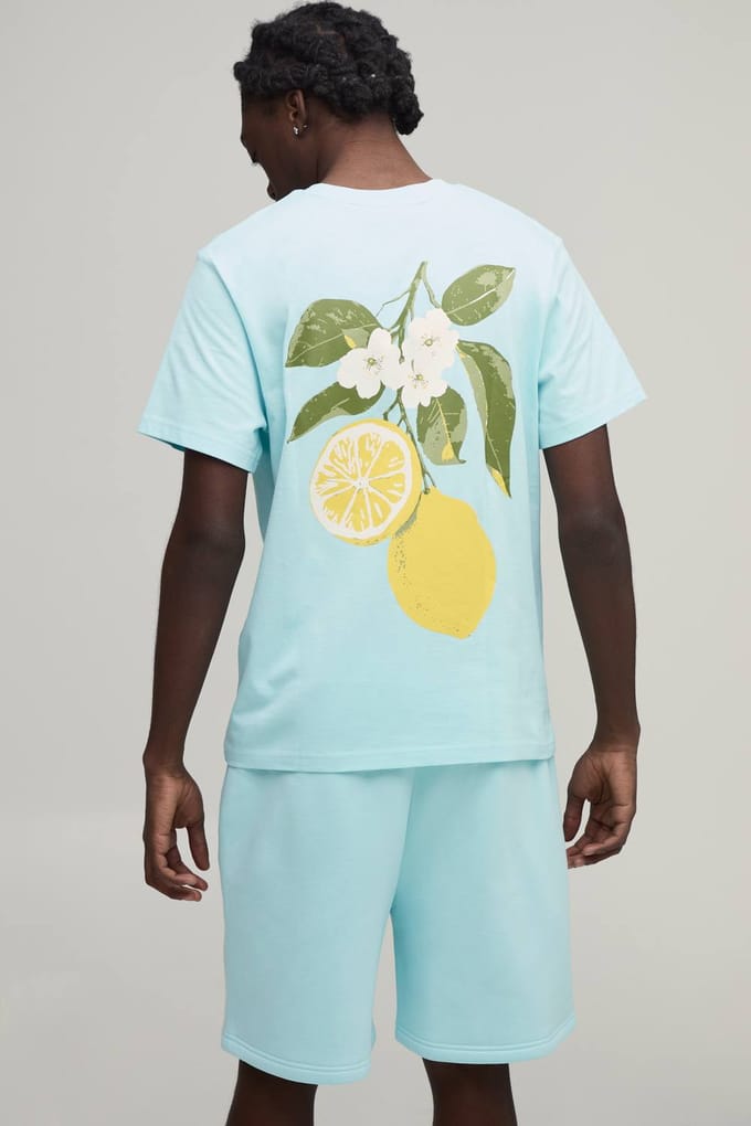 Regular Fit T-shirt Met Citroenprint & Regular Fit Short Set | Light Blue | Size Medium