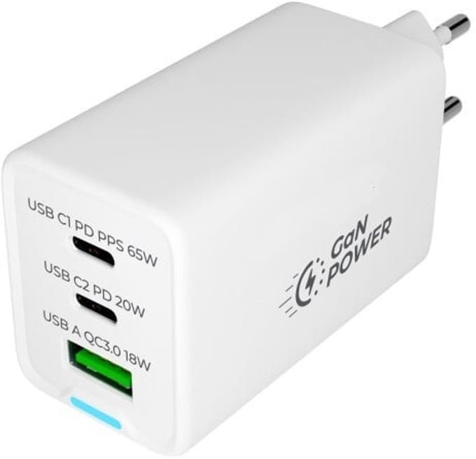 OneOne 65W super snellader met 3 poorten. USB A en 2x USB C. Compacte GAN Quick Charge lader. PD PPS oplader adapter past op Apple iPhone 13 Mini, iPhone 13 Pro, iPhone 13 Pro Max, iPhone 14, iPhone 14 Plus, iPhone 14 Pro, iPhone 14 Pro Max