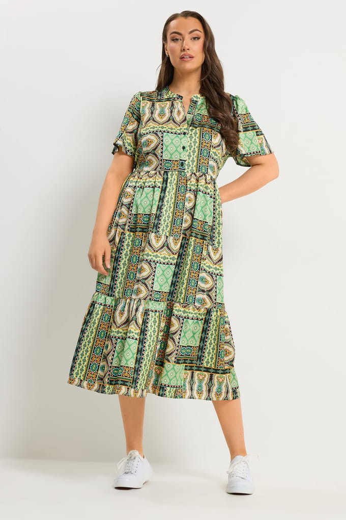 Yours Groene Patchwork Jurk Met Halve Knoopsluiting Size 54-56