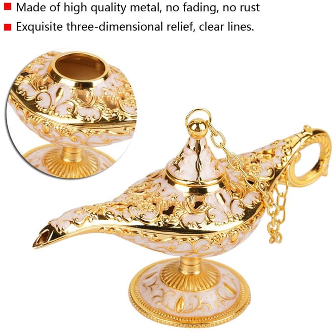 Metal Carved Hollow Legend Lamp Hollow Aladdin Magic Genie Light ing Pot Decor (#3) beige