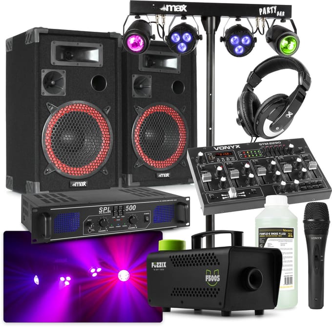 MAX Complete 500W DJ Disco set met geluidsboxen, lichteffecten en rookmachine met 2L vloeistof