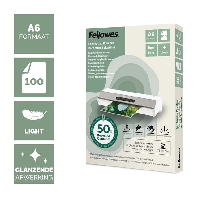 Fellowes® lamineerfolies, formaat A6, foliedikte 80 µ, gerecycled PET, transparant-helder glanzend, 100 stuks