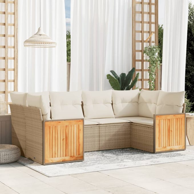 vidaXL - 6-delige - Loungeset - met - kussens - poly - rattan - beige