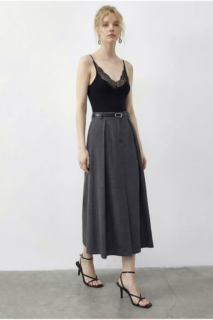 Hoge Taille Midi A-Lijn Rok met Riem