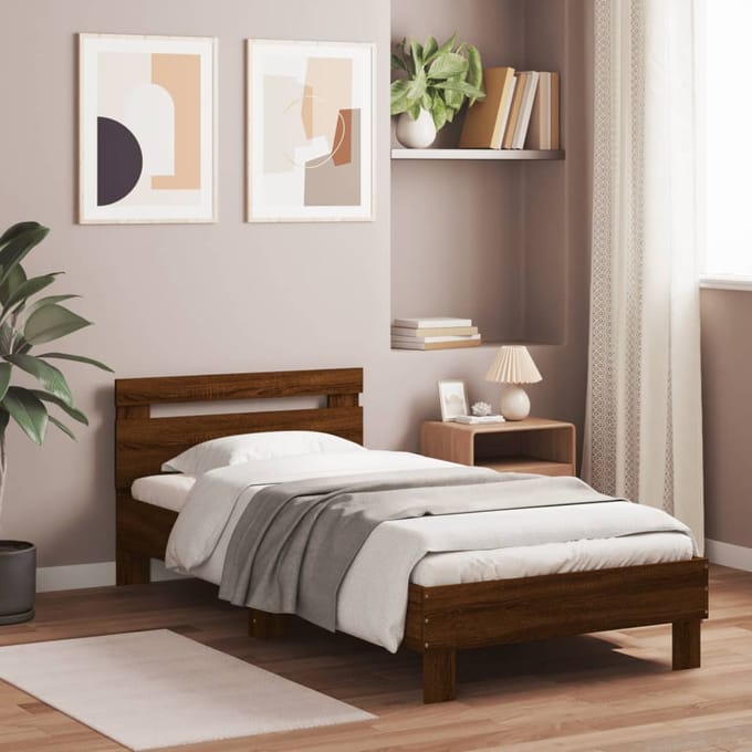 vidaXL - Bedframe - met - hoofdbord - en - LED - bruin - eikenkleur - 90x200 - cm