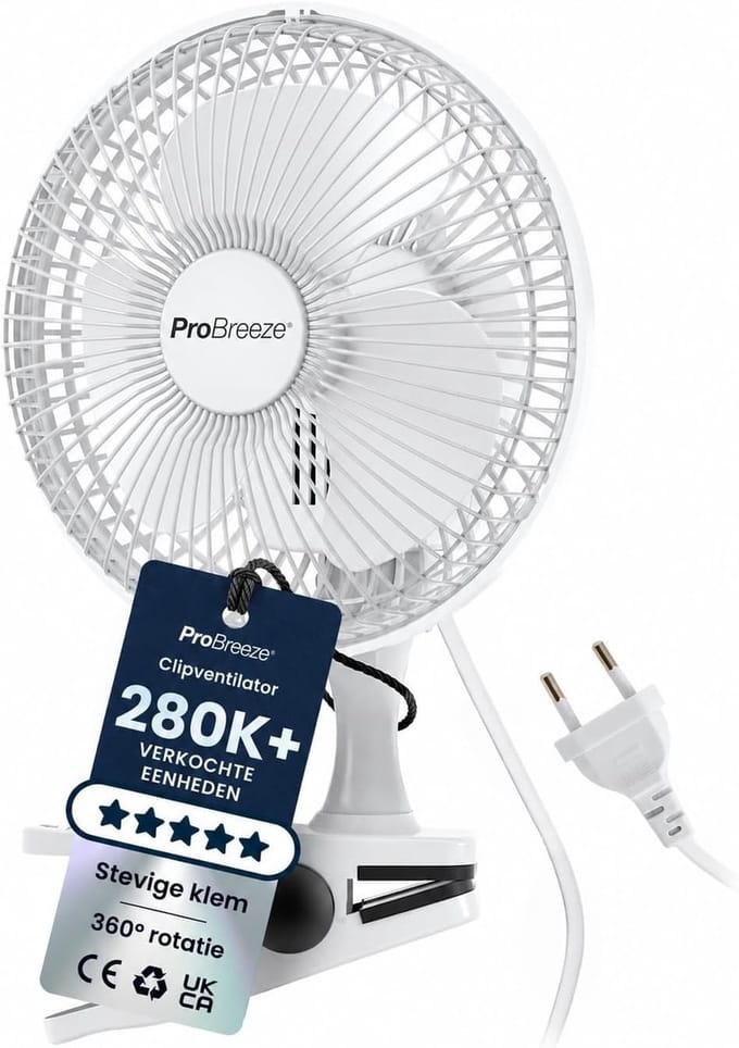 Tafelventilator met Klem – Mini Ventilator – 360° Draaibaar – 2 Snelheden – Stil – 20 cm Wit