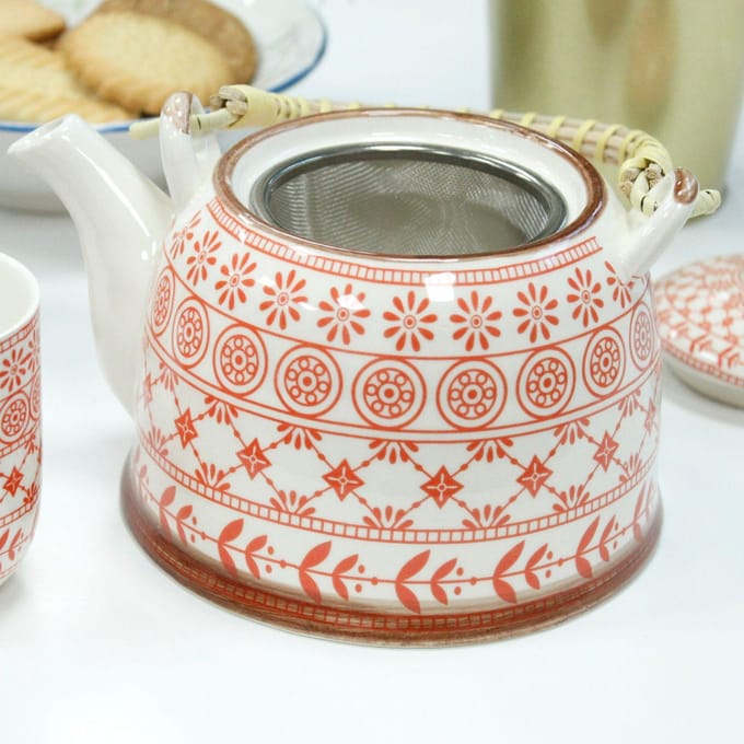 Kruidenthee Servies - Roze - Theepot Met Metalen Zeef + 6 kopjes