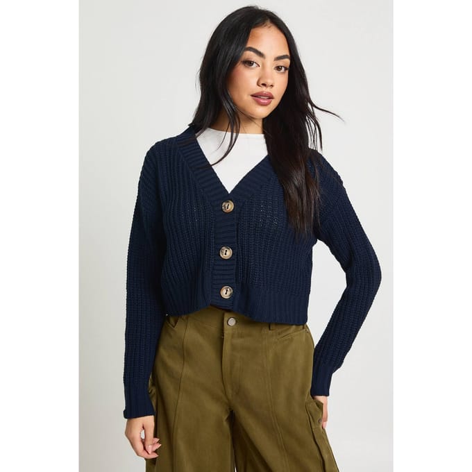 boohoo Dames Doorgeknopte crop cardigan | Navy | Maat: Large
