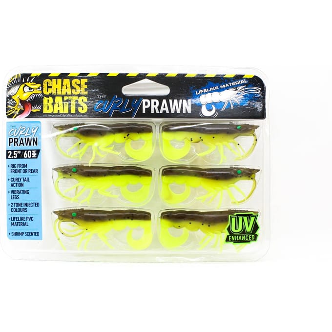Chasebaits Curly Prawn 60 mm Zinkende Lure 6 per Pak Lime Tiger (4440)