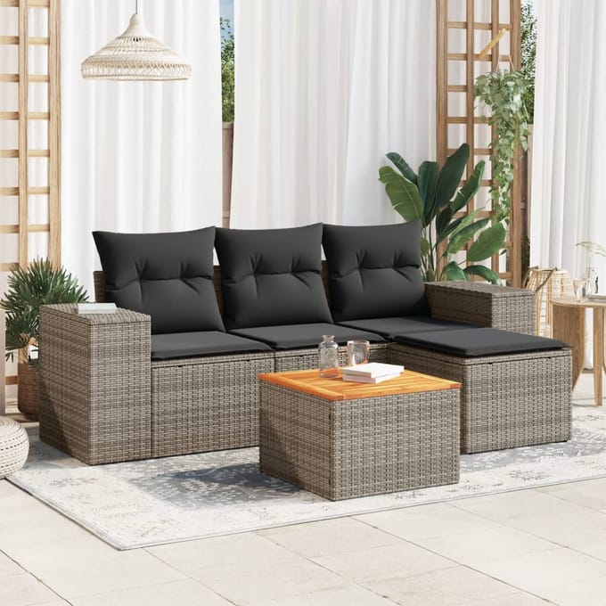 vidaXL - 5-delige - Loungeset - met - kussens - poly - rattan - grijs
