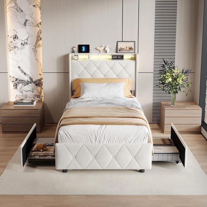 Gestoffeerd Bed - Eenpersoonsbed Jeugdbed - Ontspannen Slapen - LED Verlichting USB-C - 90x200 cm - Beige