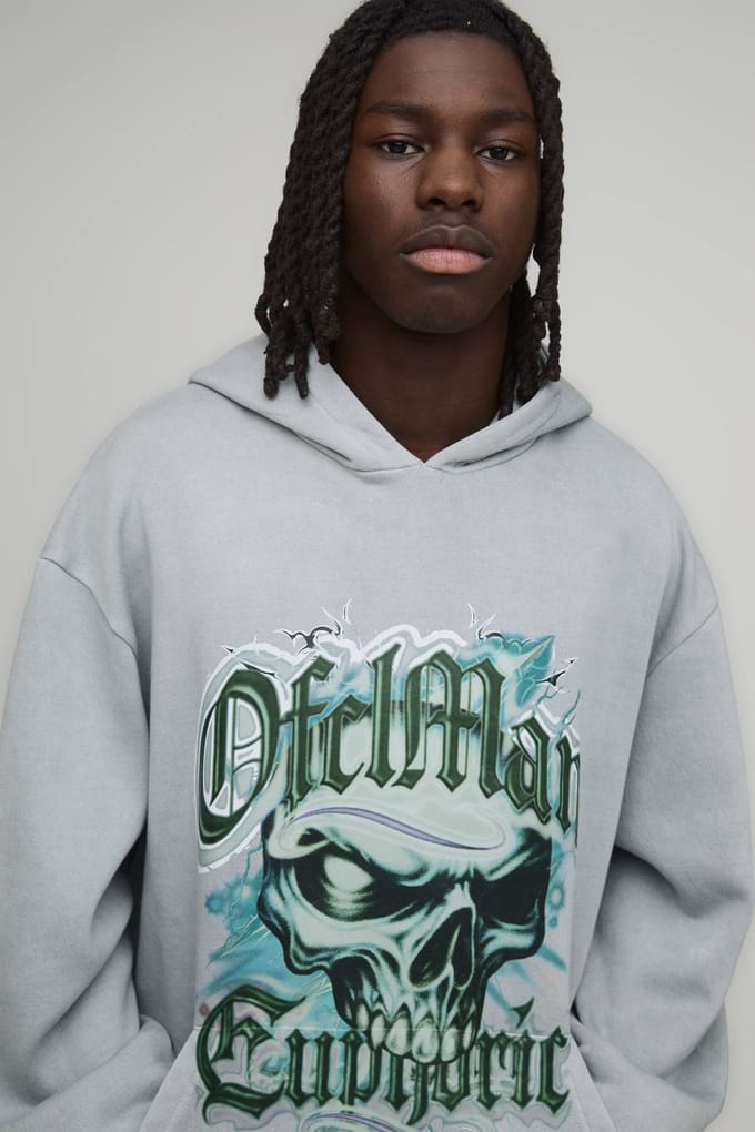 Oversized Hoodie Met Verwassen Euforie Schedel Print | Grey | Size Medium