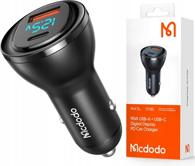 Auto-oplader McDodo CC-5670 Display, 95W, 5A, 1 x USB-A - 1 x USB-C, Zwart