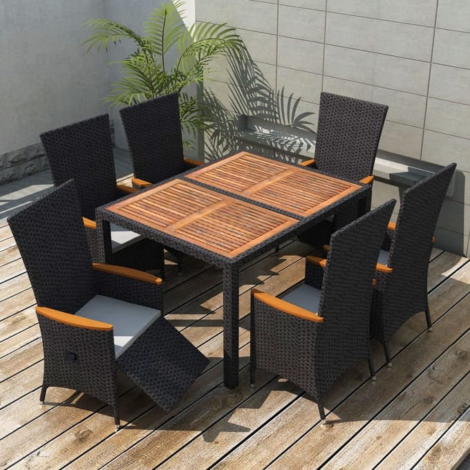 vidaXL - 7-delige - Tuinset - poly - rattan - acaciahout - zwart