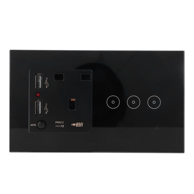 Panneau de prises murales Wi-Fi à 3 prises avec ports USB et télécommande par application black