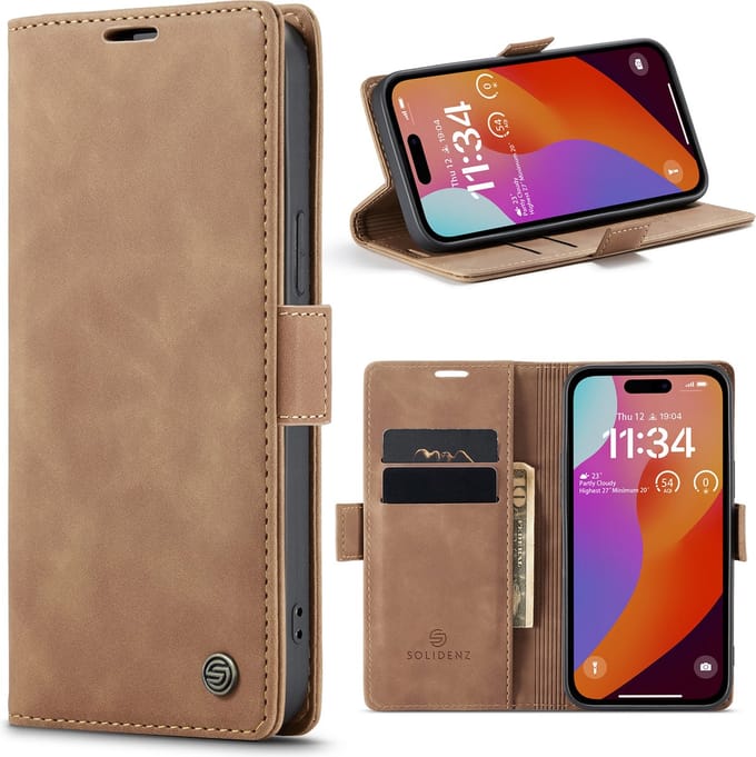 Solidenz Hoesje geschikt voor iPhone 15 Pro Max - Bookcase met pasjeshouder - Kaarthouder telefoonhoesje - Bruin