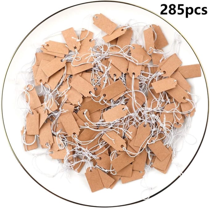 285 mini prijskaartjes, 26 x 12 mm, met elastische draad, voor het presenteren van kleding en sieraden, bruin