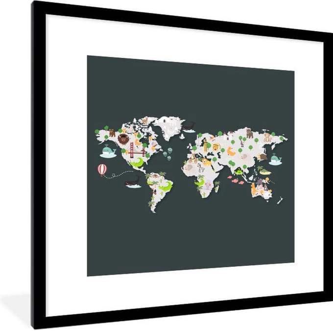 Wereldkaart - Kinderen - Dieren - Schoolplaat - Kinderkamer - 40x40 cm