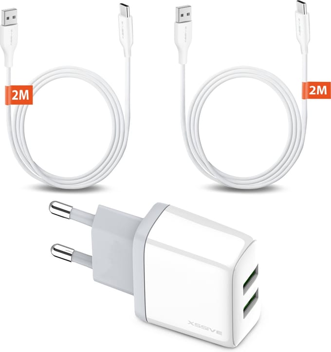 Telefoon Oplader 2 Poorten met Oplaadkabels - 2 Meter - USB naar USB-C
