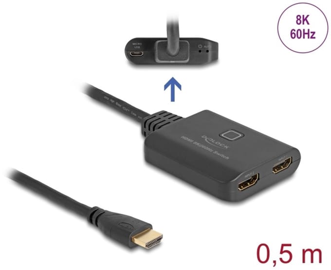 Delock HDMI Switch 2 x HDMI in to 1 x HDMI out 8K 60 Hz with integrated cable 50 cm