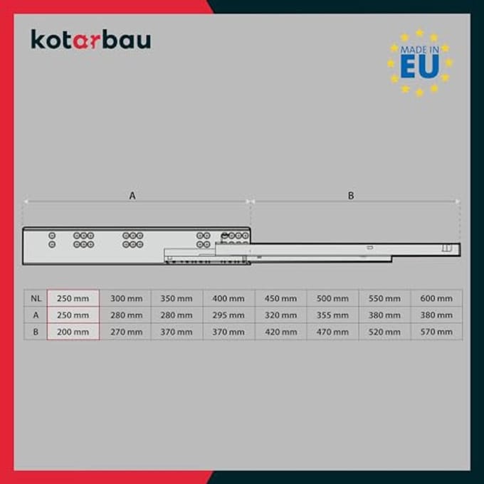 3D-laderails - Vloermontage, Volledig Uittrekbaar, Softclose, 250 mm Staal