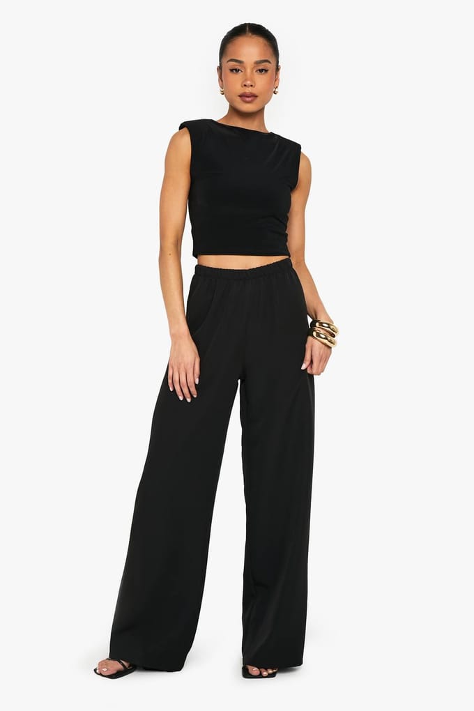 boohoo Dames Geweven elastische wijde broek | Zwart | Maat: 38