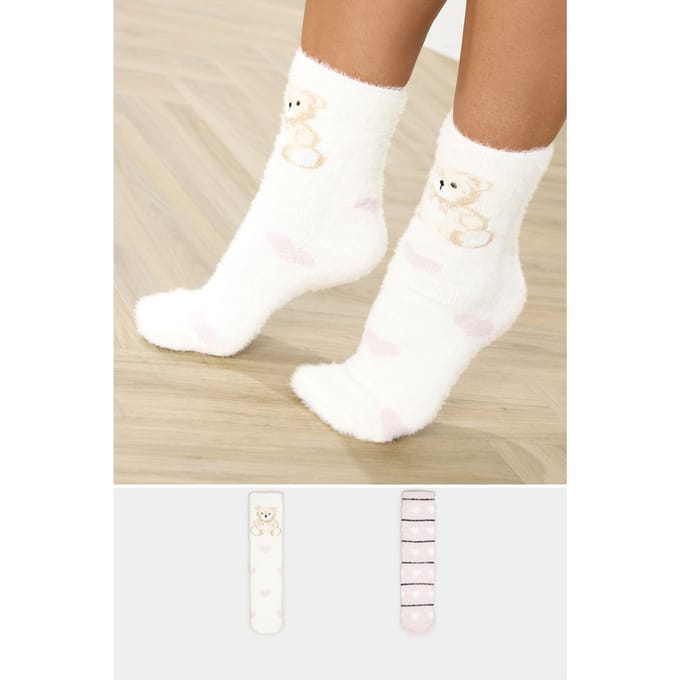 Yours 2Pack Witte En Roze Teddybeer Pluche Bedsokken Size 41-44