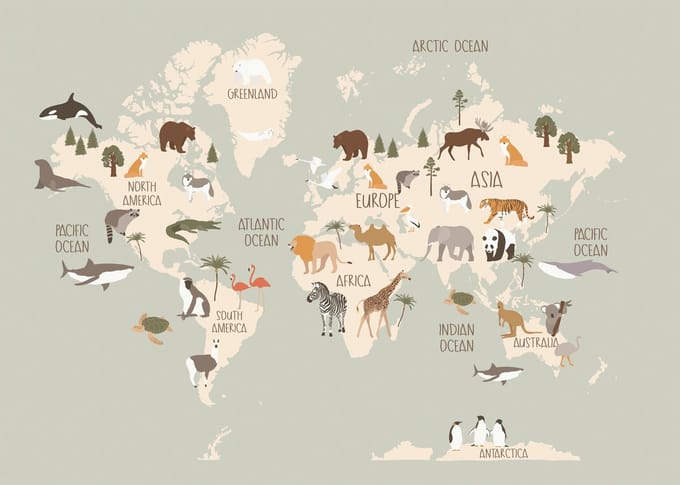 Wereldkaart Dieren Poster - 21x30 cm