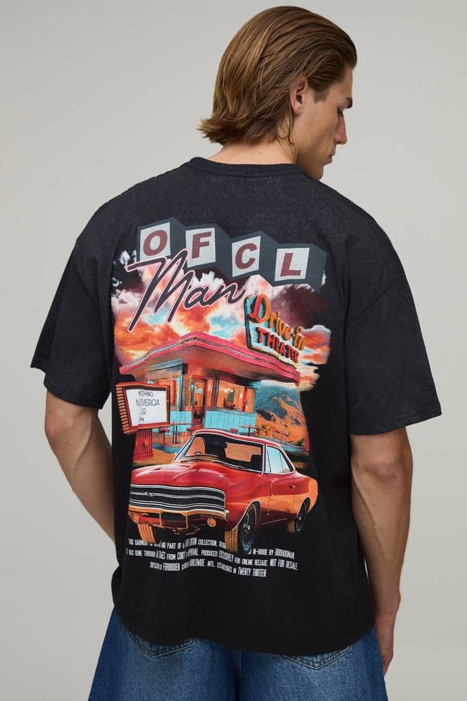 Zwart Oversized T-shirt Met Drive-in Print En Spray Wash | Washed Black | Size Small
