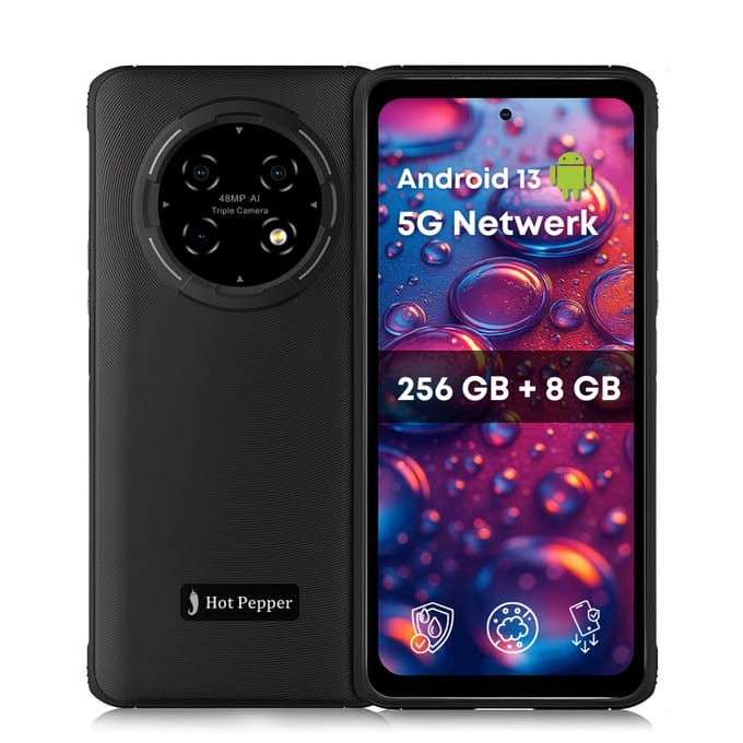 Hot Pepper KR10 Smartphone - Robuuste Mobiele Telefoon - 256 GB Geheugen - 8 GB RAM - 90 Hz - Octa-Core Processor - Waterdicht