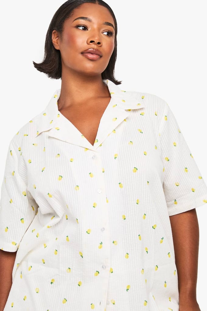 boohoo Dames Plus Lemon Print Waffle Shirt PJ Top | White | Maat: 16