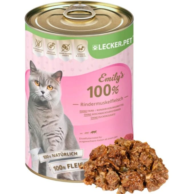 24 x 400 g Lecker.Pet® Emily's 100 % rundvlees spiervlees natvoer voor katten
