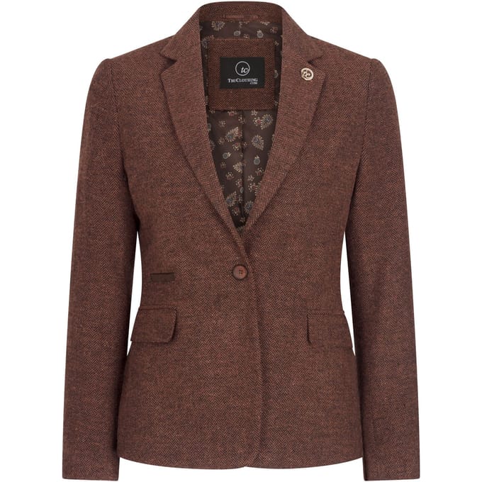Dames roestbruine visgraat wollen tweed ruitblazer