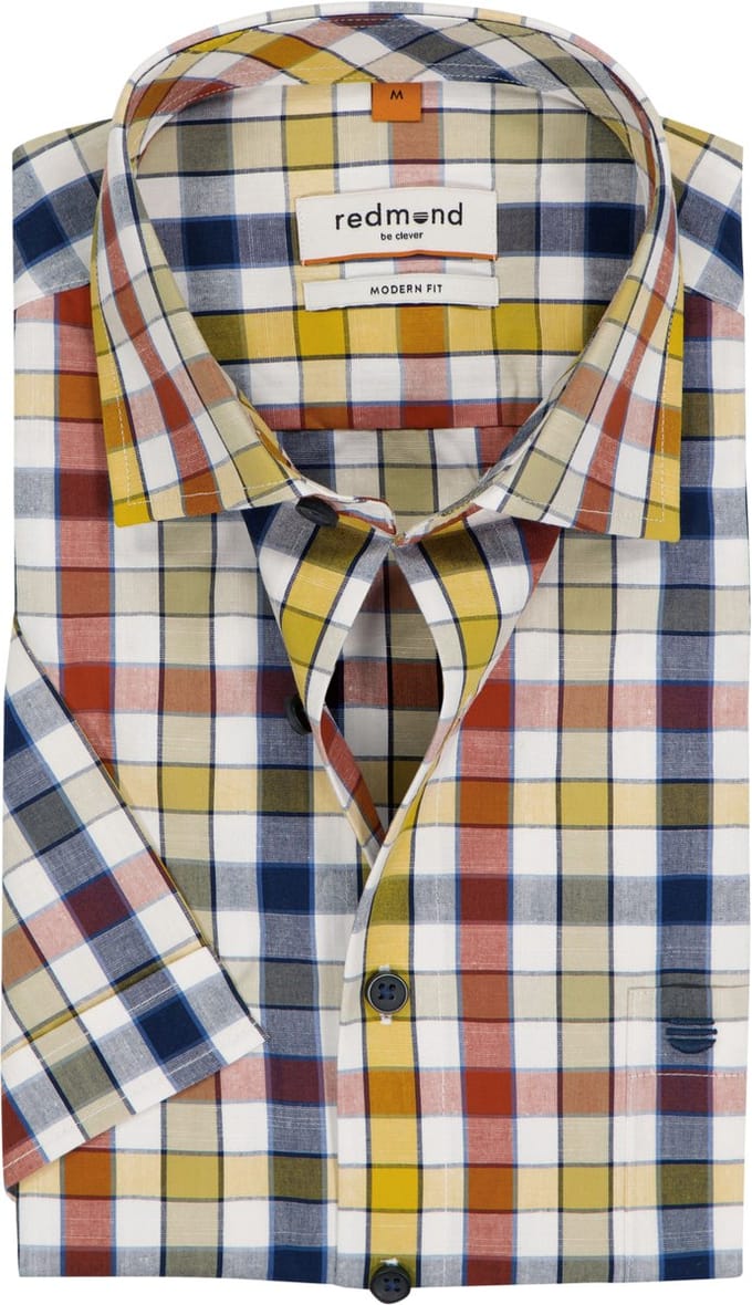 Redmond modern fit overhemd - korte mouw - chambray - geel - wit - oranje - blauw geruit