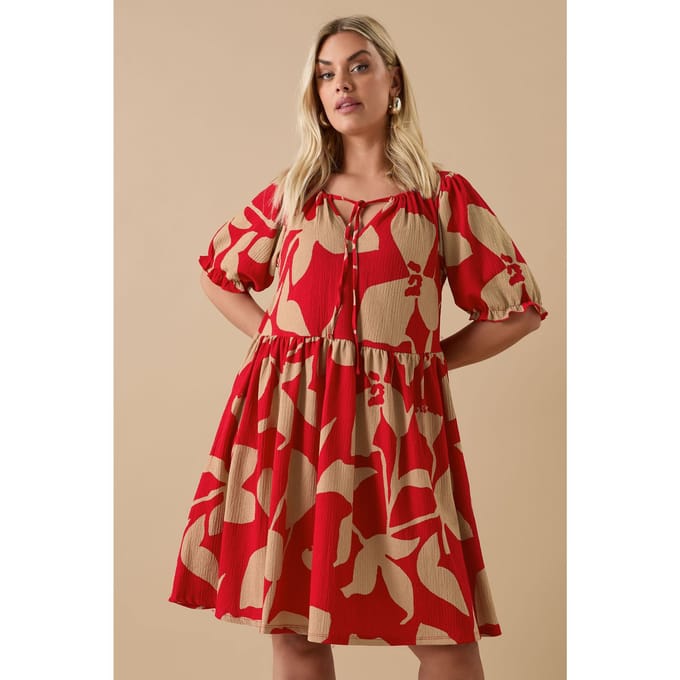 Yours Mini Jurk Met Abstracte Bloemenprint En Striksluiting In Rood Size 50-52