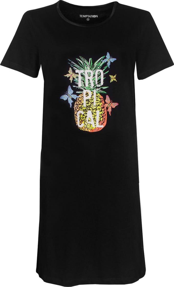 Temptation Dames Nachthemd - Bigshirt - Tropical Tekst - Zwart - Maat S