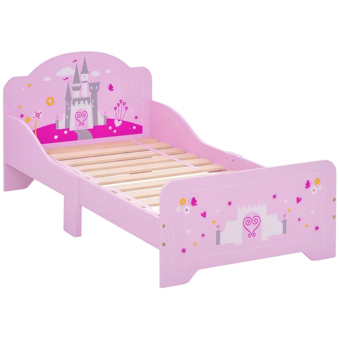 HOMCOM kinderbed 140x70 cm - Kinderbed Princess Design Castle - inclusief lattenbodem - MDF roze multiplex Roze