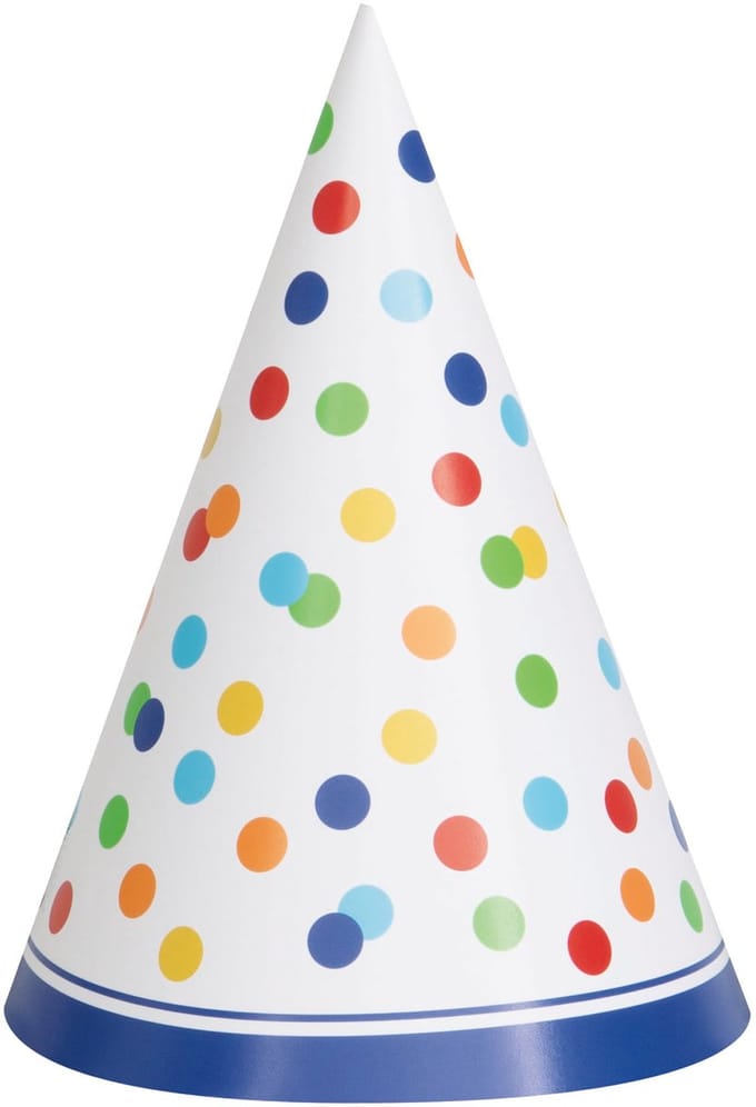 UNIQUE - 8 feestmutsen Happy Birthday kleurrijke stippen van karton met elastiek
