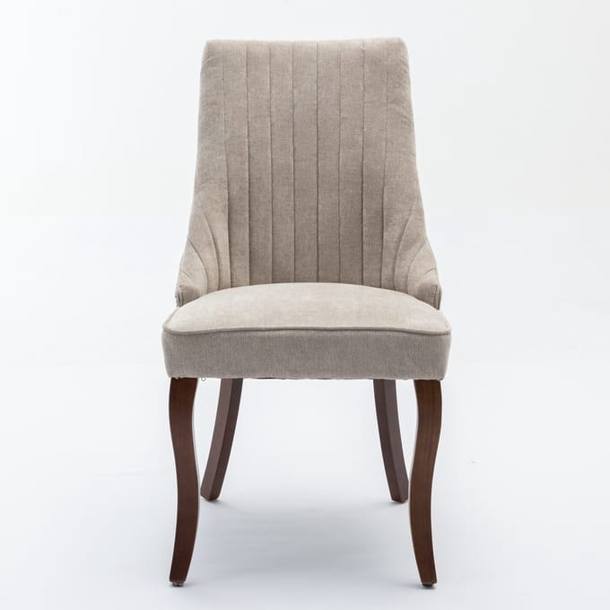 Beige chenille tweepersoons eetkamerstoel rubberhout frame hoog draagvermogen
