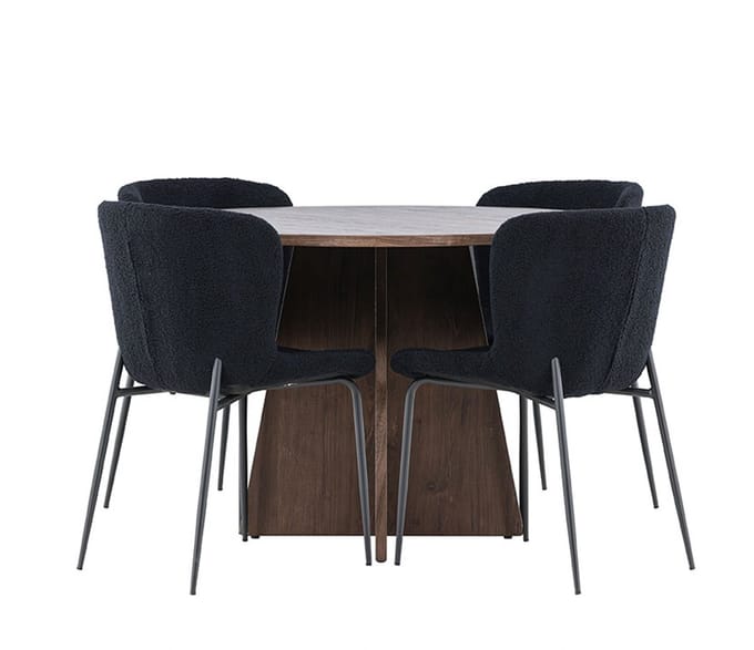 Bootcut eethoek tafel Ø110cm en 4 teddy stoelen mocca.