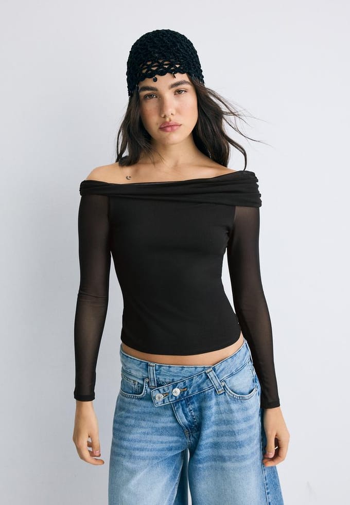 Stradivarius Asymmetrisch T-shirt van tule  Zwart M