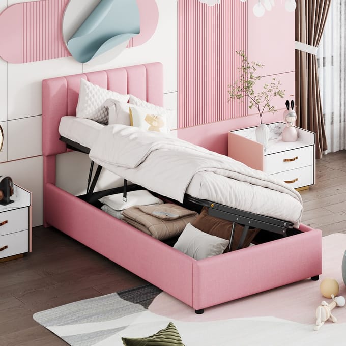 MODFU Kinderbed 90x200 cm – Hydraulische opbergruimte – Verstelbaar hoofdeinde – Linnen roze
