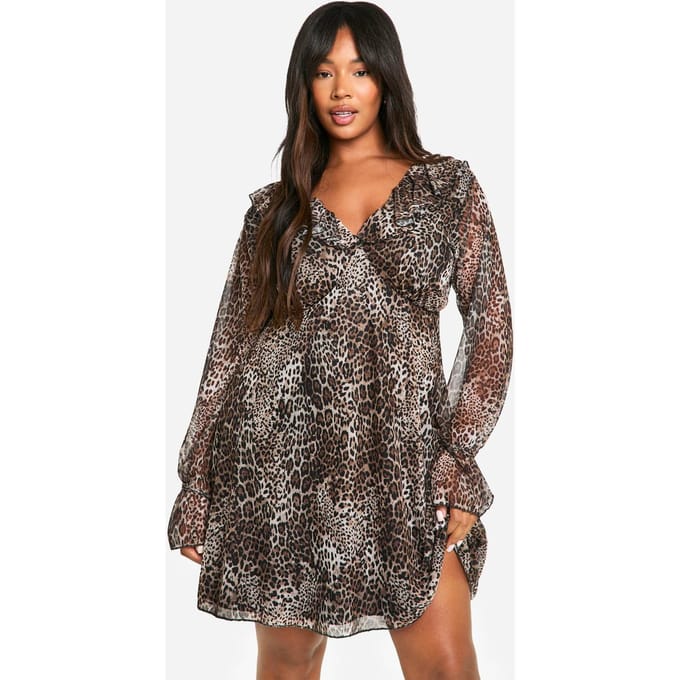 boohoo Dames Plusmaat Luipaard Ruffle Smock Jurk | Leopard | Maat: 18